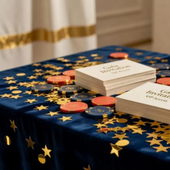 Detale scenografii eventowej z rekwizytami kart i eleganckimi dekoracjami