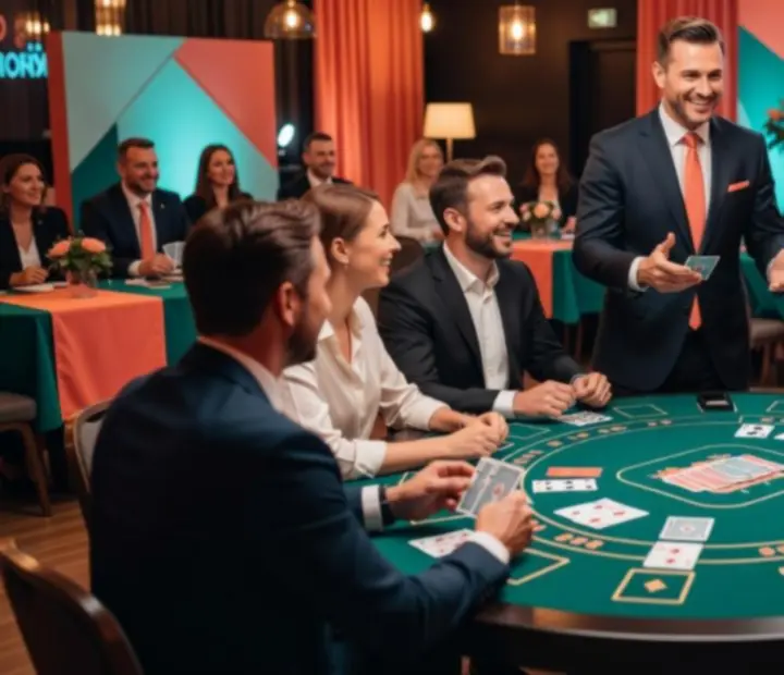 Elegancka sala eventowa z mobilnymi stołami rozrywkowymi w stylu kasyna