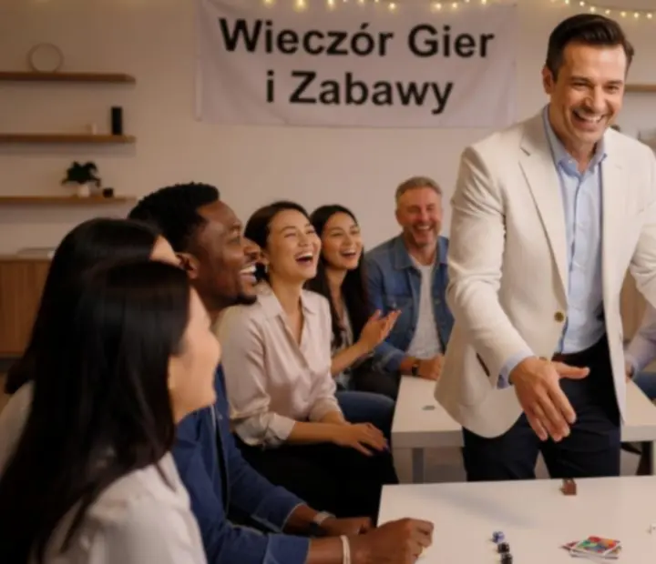 Gospodarz DASTONER BT prowadzący zabawę przy stole wśród zadowolonych uczestników